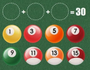 acertijo de las bolas de billar. Bola 1,3,5,7,11, 9, 13, 15 símbolo de suma y 30